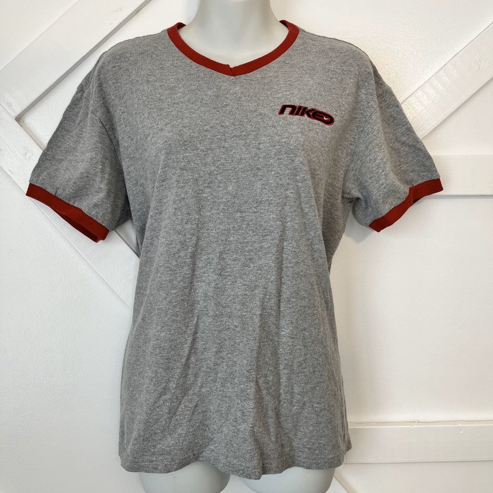 Vintage 1980s Nike V-neck Embroidered Logo Ringed Gray and Red T-shirt, Large